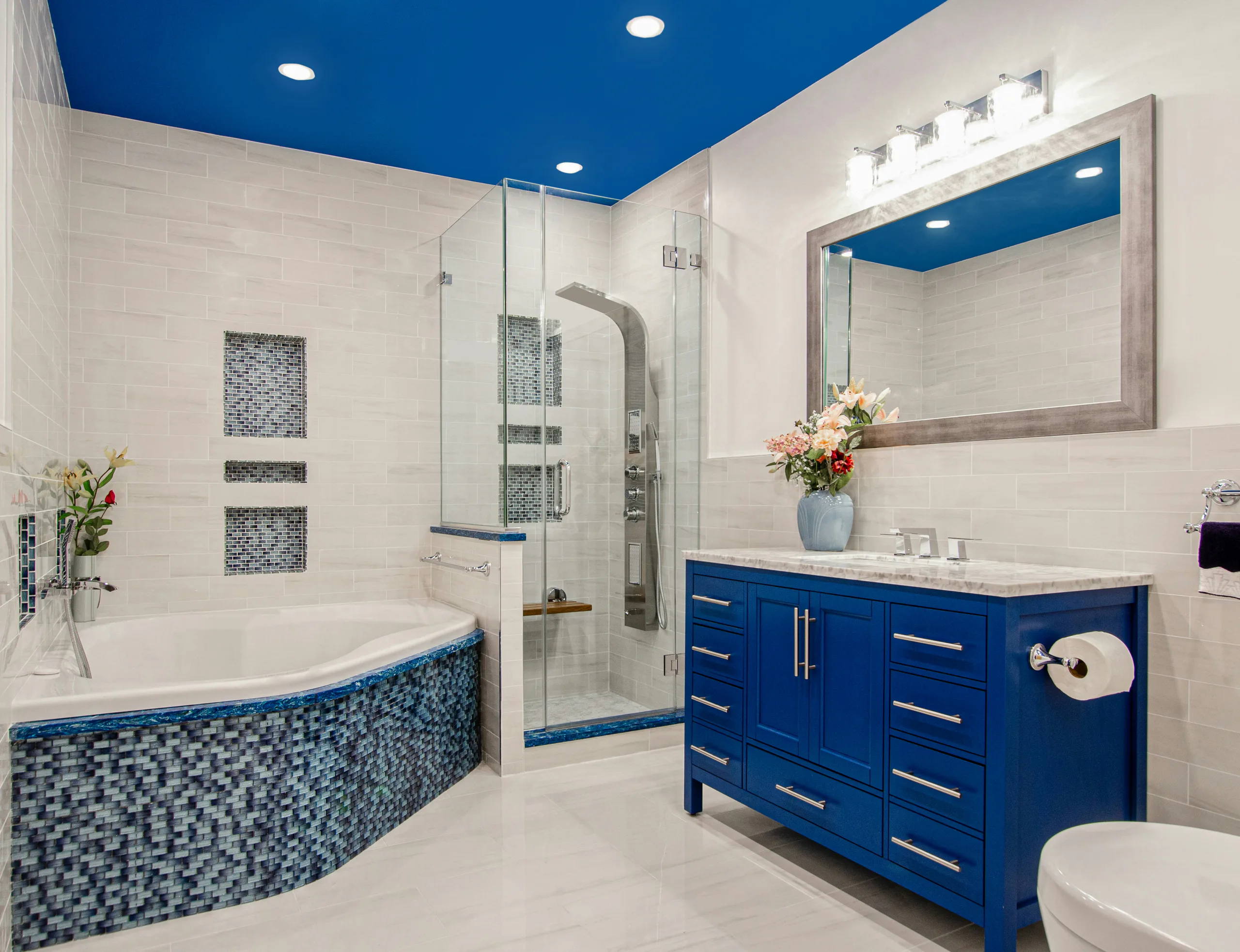 Detail shot of a finished bathroom cabinet and fixtures showing quality craftsmanship