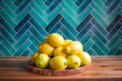 Teal herringbone tile splashback in a kitchen, herringbone tiling Dublin