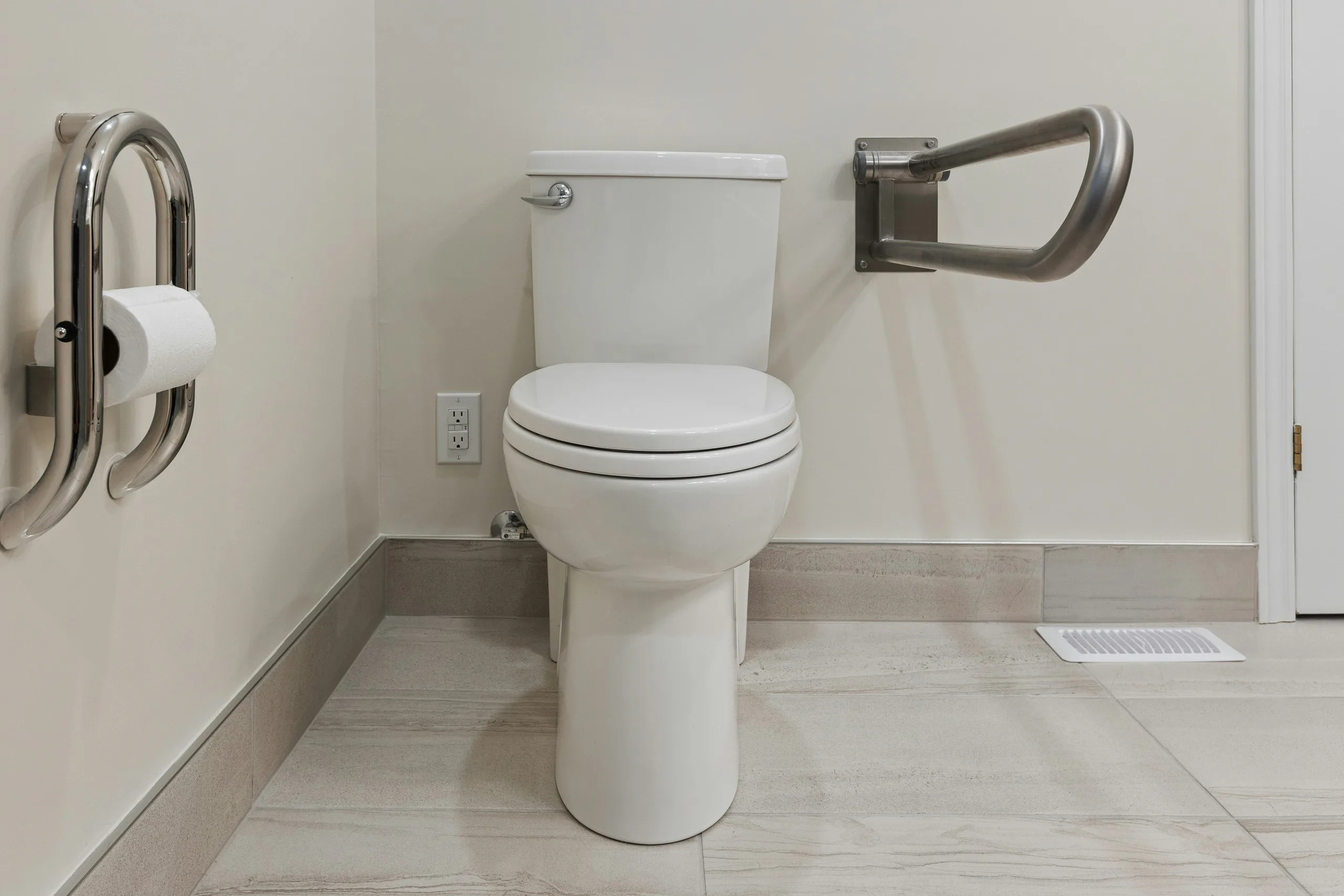 Bright accessible bathroom designed for safety and independent living