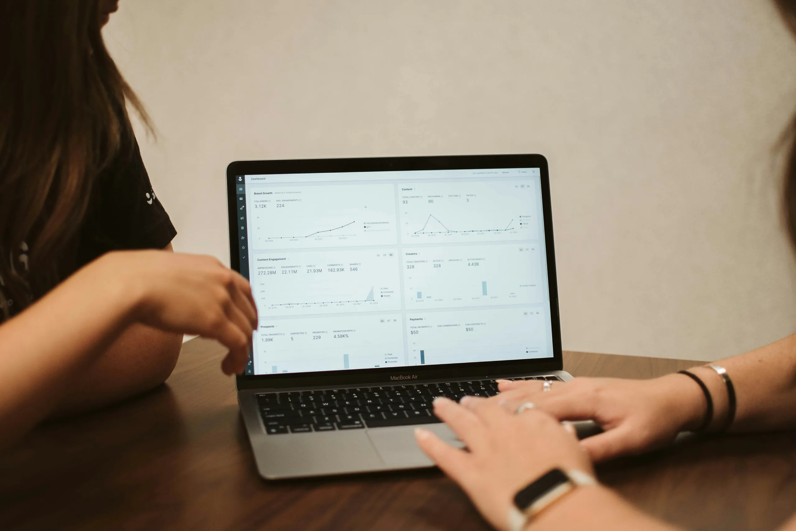 Two colleagues reviewing SEO performance data together on a laptop