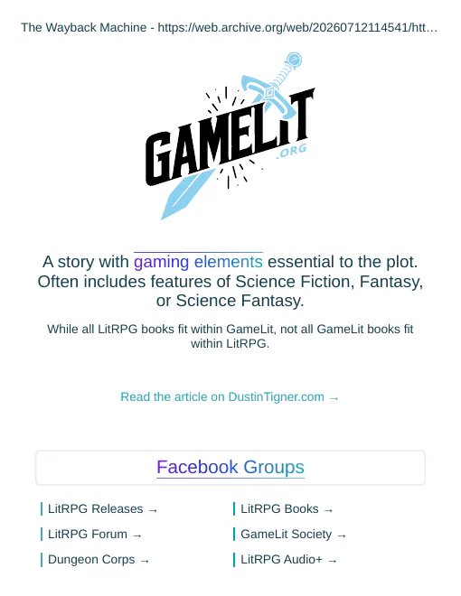 Screenshot of gamelit.org as archived by the Wayback Machine on July 12, 2026, still showing the 2017 GameLit definition