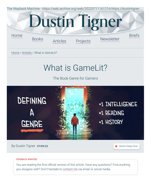 Screenshot of Dustin Tigner's article What is GameLit? as archived by the Wayback Machine