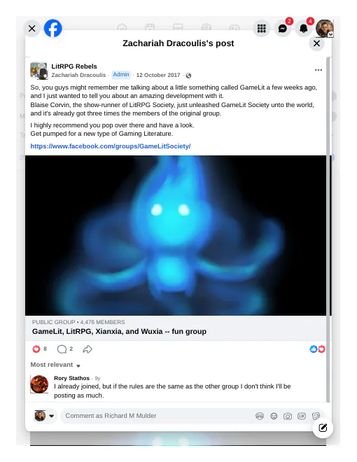 Zachariah Dracoulis announces the new GameLit Society group in LitRPG Rebels, October 12, 2017 — 'a little something called GameLit a few weeks ago.'