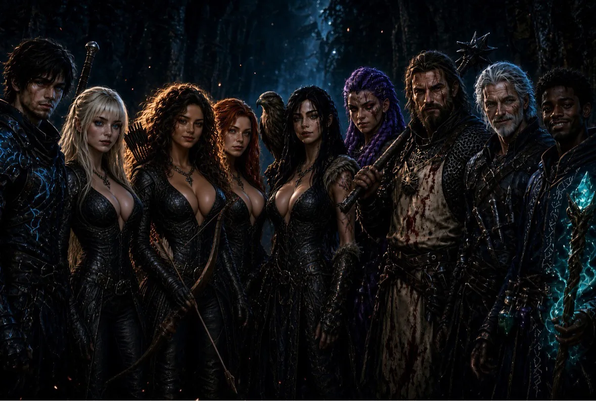 The Coven Desires cast — nine figures standing together in a dark moonlit forest