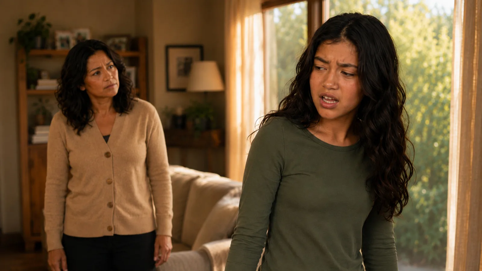 A teenage girl with long dark wavy hair in an olive-green shirt looks frustrated while her mother in a beige cardigan looks on with concern in a warm, sunlit living room.