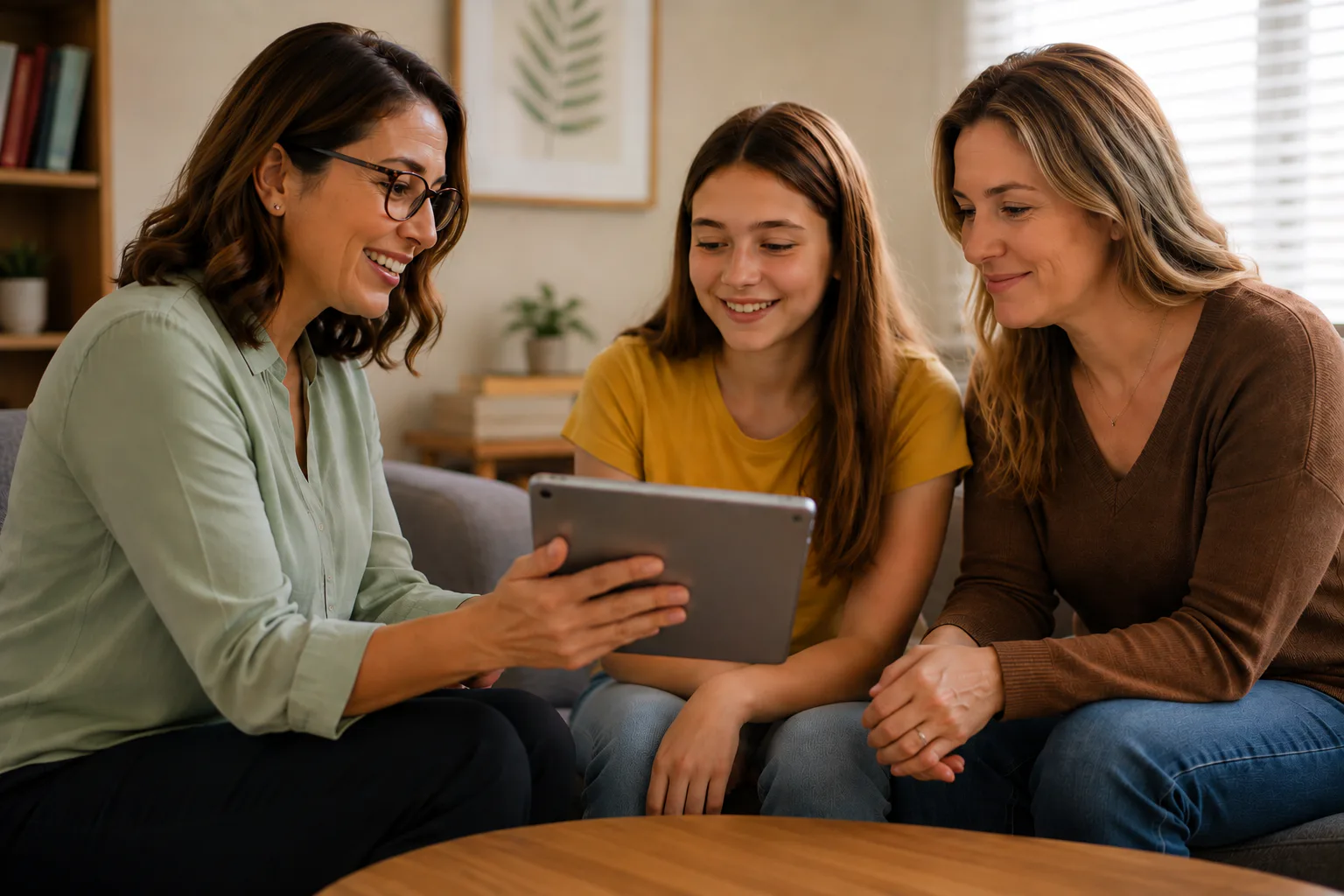 A female professional in a sage green shirt shows information on a tablet to a teenage girl and her mother in a warm, cozy living room setting.