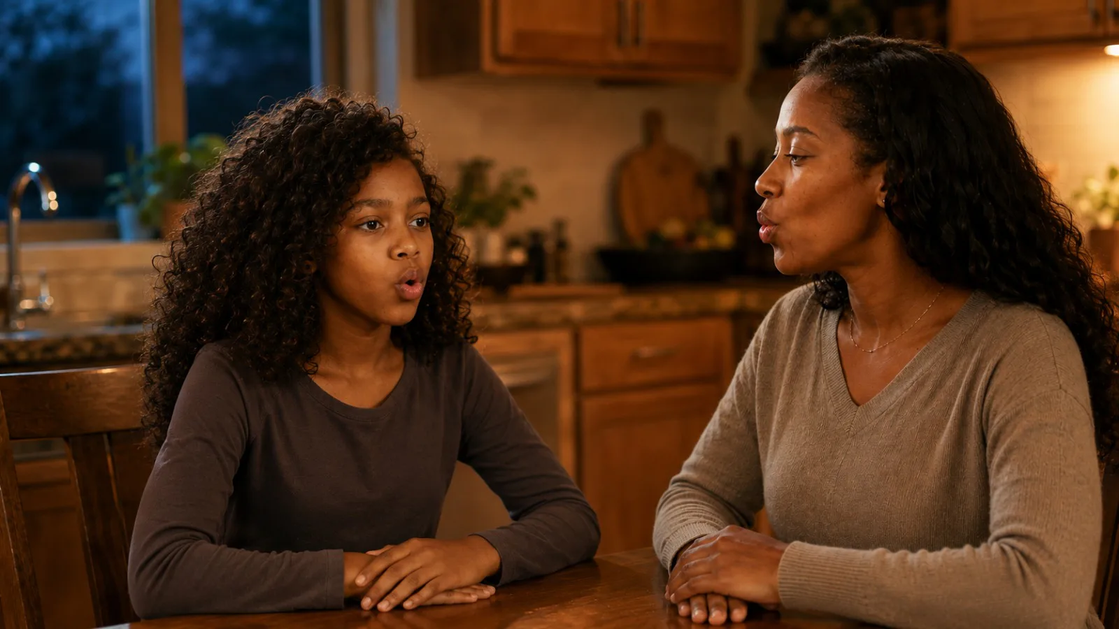 A mother and her young daughter sitting at a kitchen table, practicing a deep breathing exercise together.