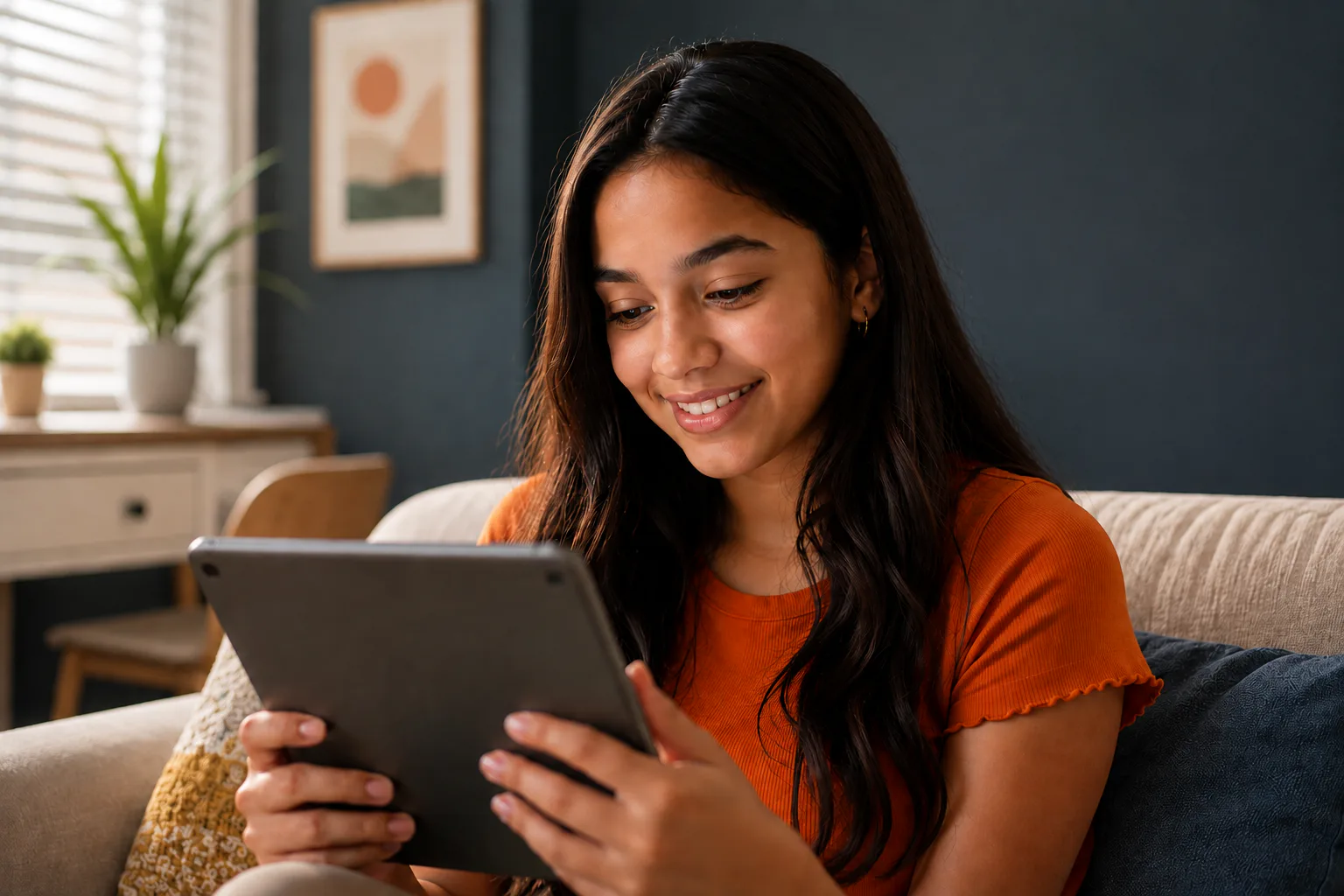 A young woman with long dark hair smiling while looking at a tablet in a cozy, modern living room