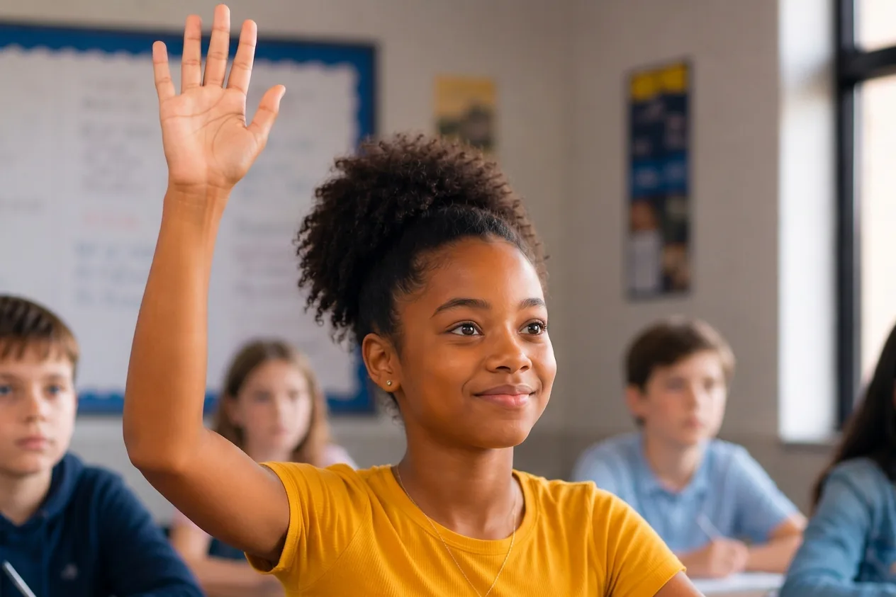 A young Black female student with curly hair in a high puff, wearing a yellow t-shirt, smiling and raising her hand in a classroom setting.