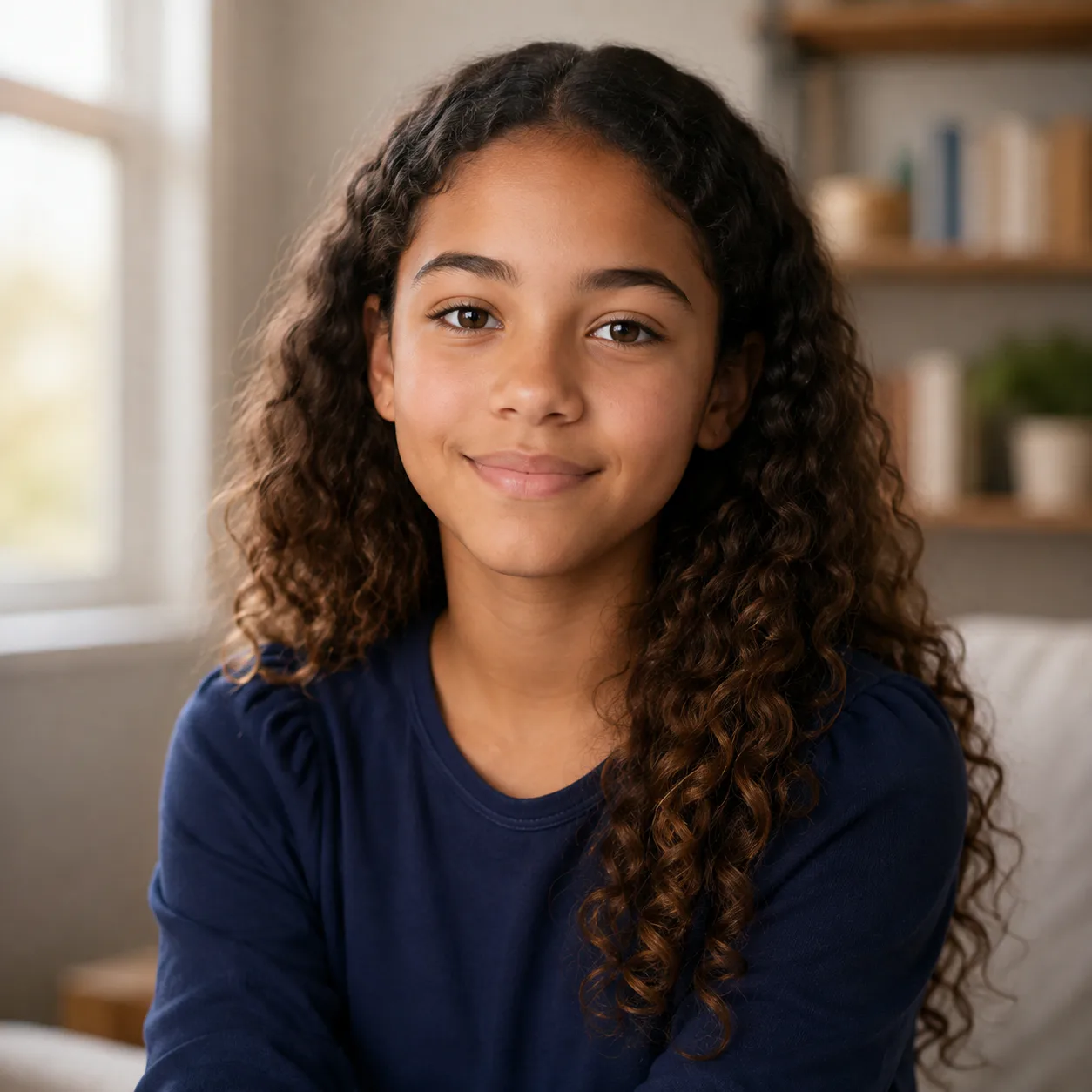 Portrait of a smiling young girl with long curly brown hair wearing a navy blue shirt in a warm, softly lit room