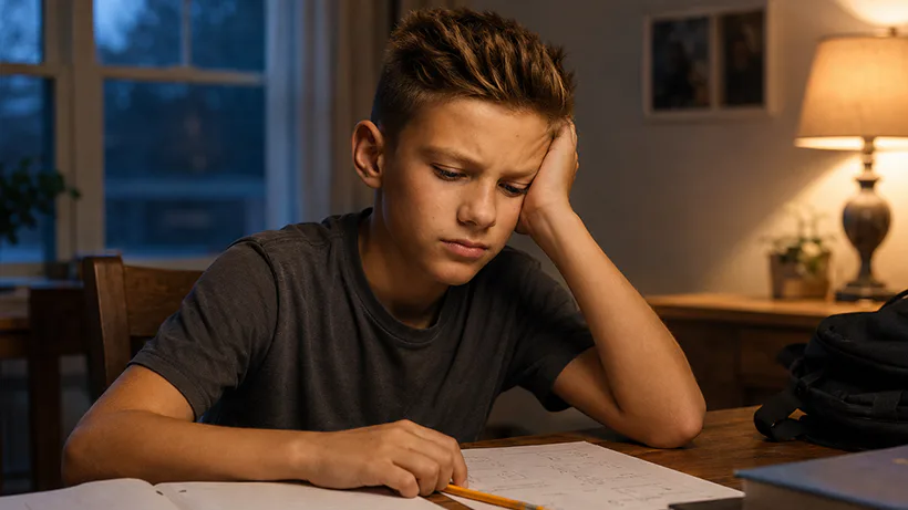 Boy thinking next to a clipboard checklist