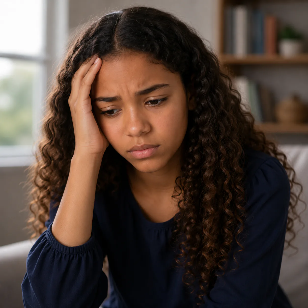Portrait of a concerned teenage girl with her hand on her forehead, wearing a navy shirt in a warm indoor setting