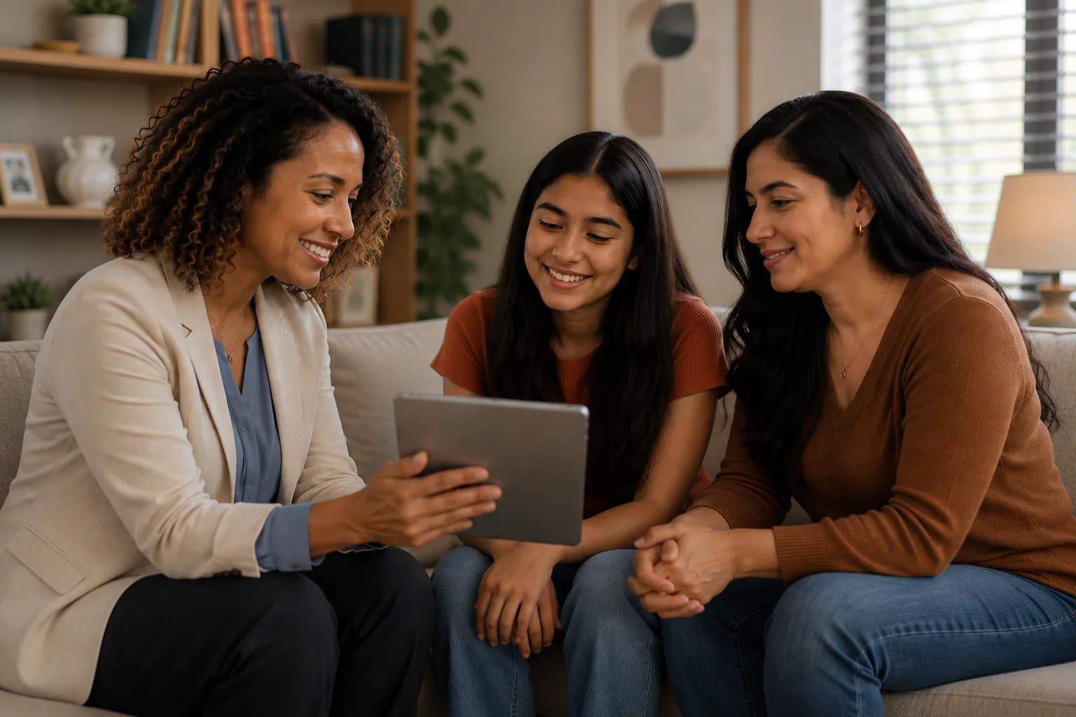 A female professional in a sage green shirt shows information on a tablet to a teenage girl and her mother in a warm, cozy living room setting.