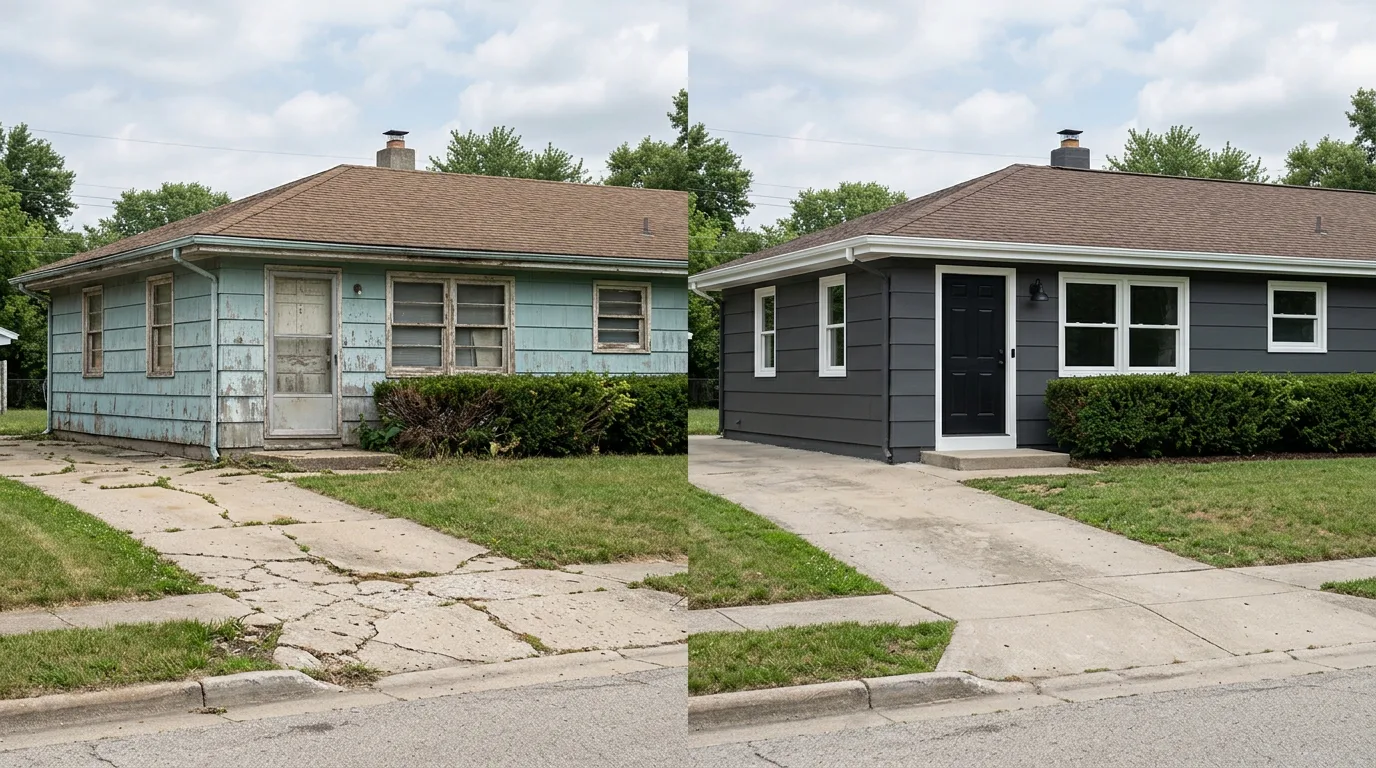 Before and after: single-story home exterior repaint in Anaheim, CA