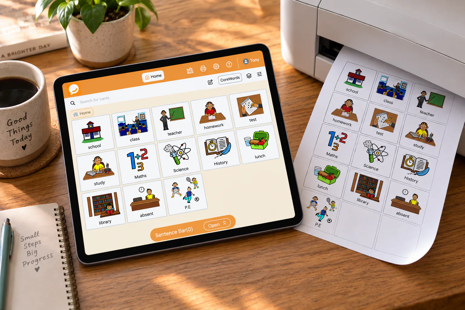 A blank, modern tablet lies on a warm oak desk next to a cup of coffee. On the screen, a simple, bright visual schedule app is open, showing three rows of icons: 'Circle Time,' 'Play Doh,' and 'Snack.' A small printer next to the tablet has just output a paper copy of a similar schedule, a corner of it curling up. The screen is the sole subject, no human in frame, warm natural light.