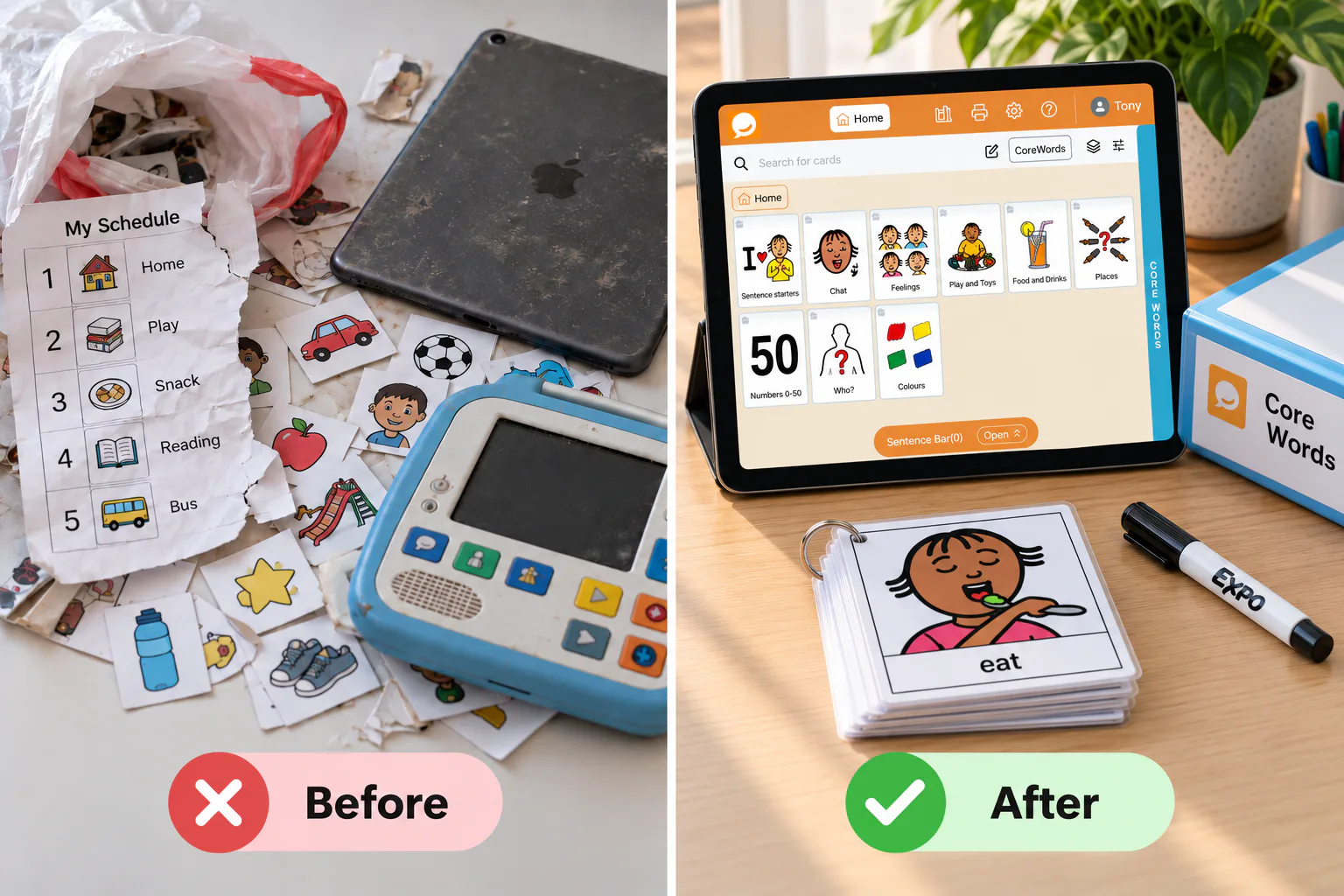 A split-screen composite on a clean, light background. The left side shows a cluttered flat-lay of a plastic bag spilling out random objects: a torn paper schedule, a dusty tablet face-down, a jumble of disconnected picture cards, a traditional light-blue and white speech-generating device. The right side shows a cohesive, organized workspace: the same tablet stands upright, displaying a clean, colorful visual schedule app, and next to it, a neat stack of printed, laminated visual schedule cards, a dry-erase marker, and a closed binder labeled 'Core Words.'
