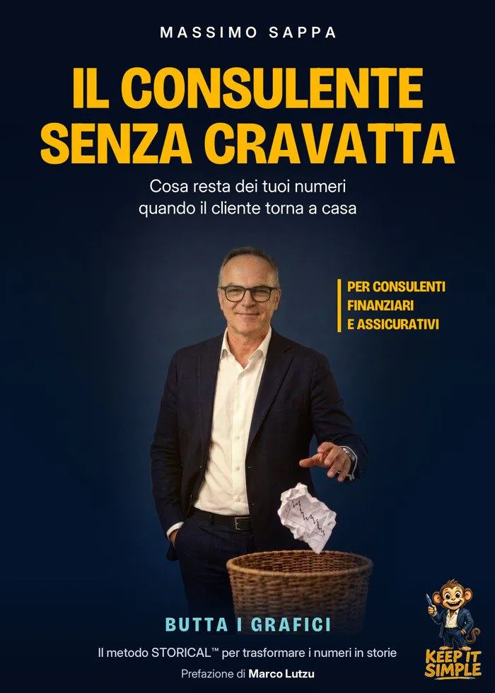 Copertina del libro Il Consulente Senza Cravatta, Cosa resta dei tuoi numeri quando il cliente torna a casa, il metodo STORICAL™ per trasformare i numeri in storie, prefazione di Marco Lutzu