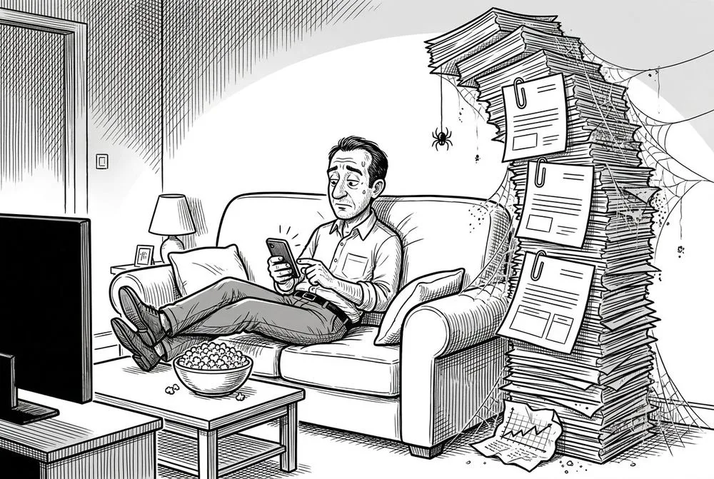 Disegno a china: il cliente sul divano scorre il telefono, accanto una torre di allegati mai aperti coperta di ragnatele