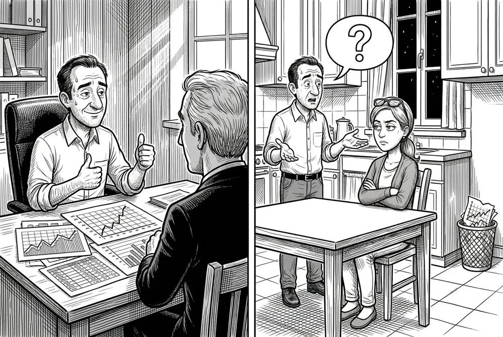 Disegno a china in due scene: in ufficio il cliente annuisce sicuro davanti ai grafici; la sera in cucina, davanti alla moglie, non trova le parole