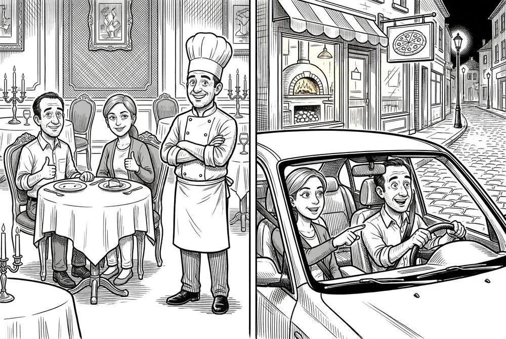 Disegno a china in due scene: al ristorante Luca e Sara fanno i complimenti allo chef col pollice alzato; la stessa sera, in macchina, indicano felici una pizzeria