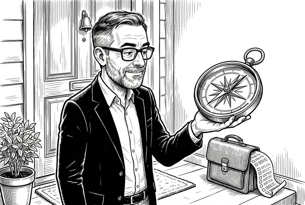 Disegno a china: davanti alla porta del cliente il consulente guarda una bussola, mentre il modulo con le caselle resta dimenticato nella borsa