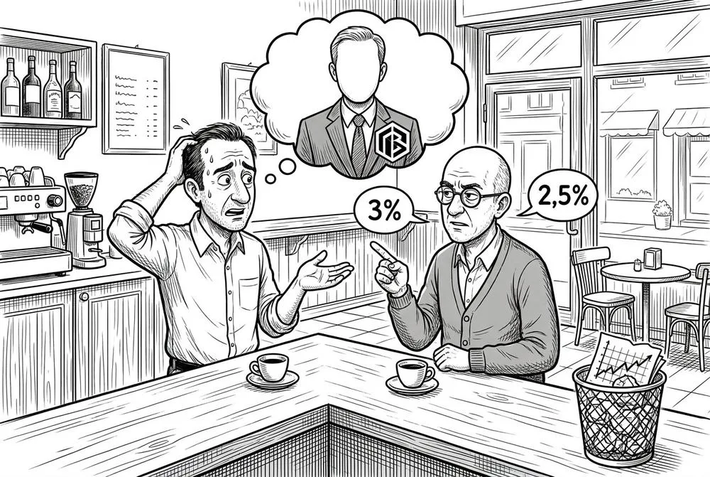 Disegno a china: al bar il cliente non ricorda il nome del suo consulente, nel pensiero ha solo una faccia vuota col logo; l'amico risponde con le percentuali