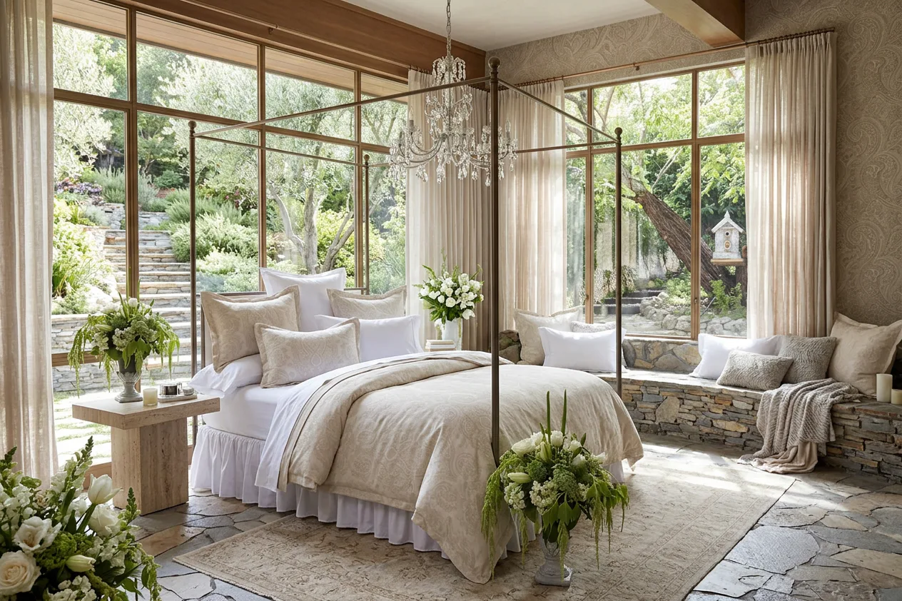 Luxurious cream bedroom with a canopy bed, chandelier, layered bedding, and garden views