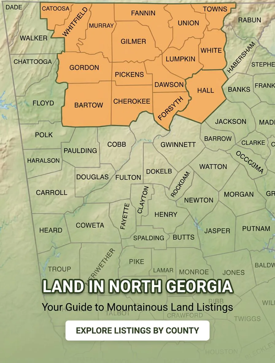 Illustrated map highlighting the sixteen North Georgia counties served by LandNorthGA.com