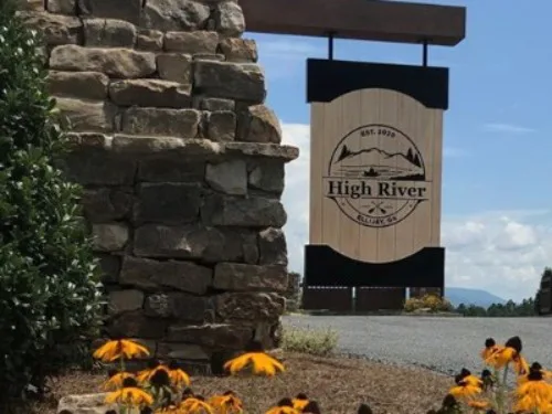 High River gated community entrance sign in Ellijay, Georgia