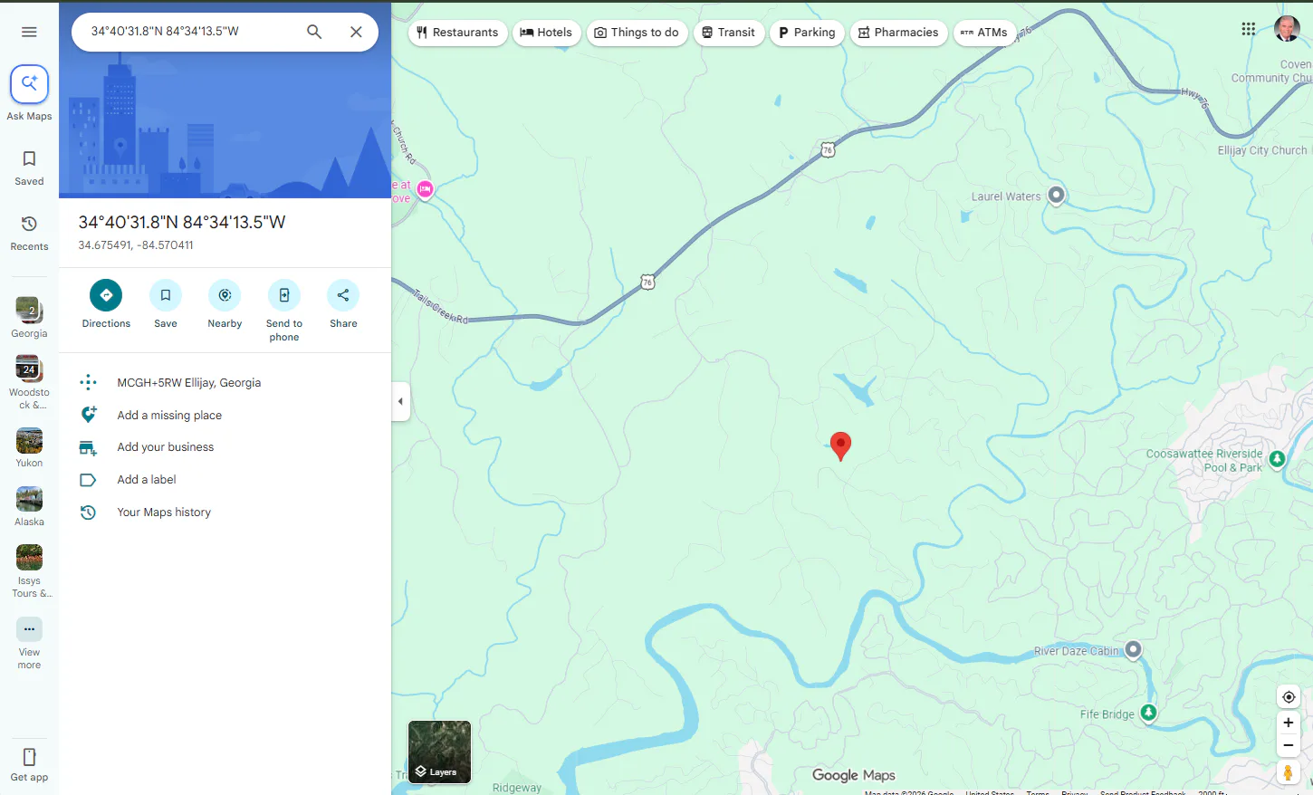 Google Maps location of High River near Ellijay, Georgia