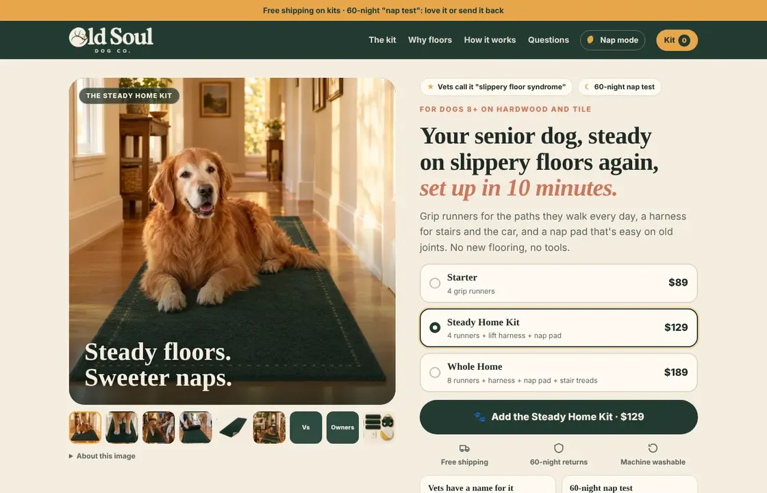 Old Soul Dog Co. homepage: a senior golden retriever on a grip runner, with kit pricing