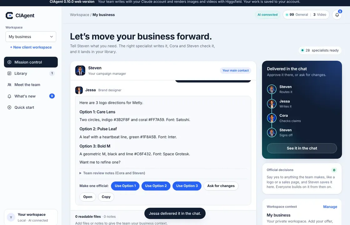 Three logo directions delivered in the chat with Use Option buttons