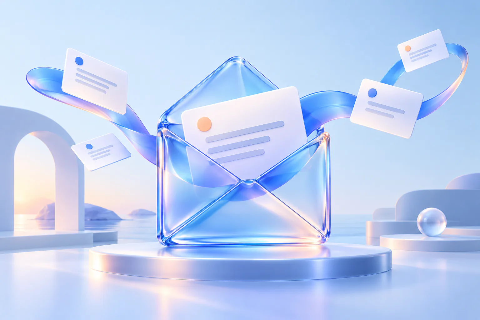 A glass envelope connecting a collection of messages, illustrating an engaged email audience