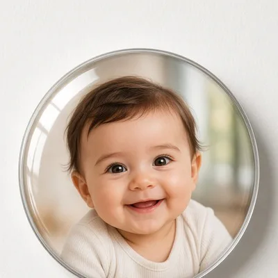 Round custom photo magnets on a refrigerator