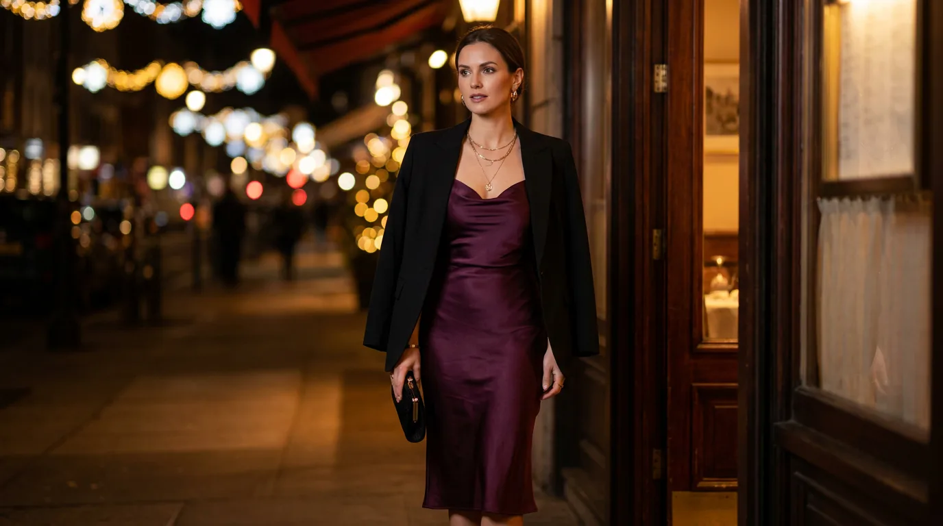 Woman in a plum satin dress and black blazer on a city street at night