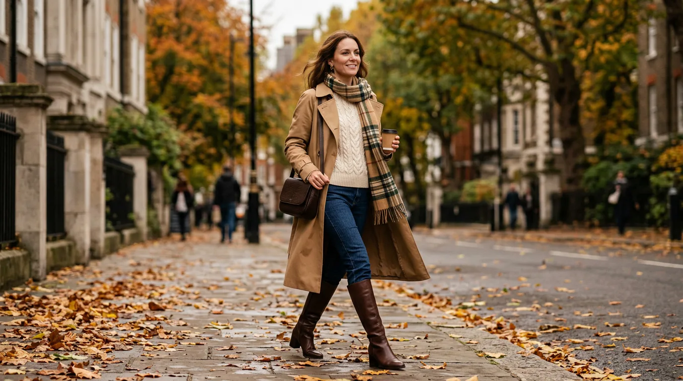 Woman in a camel trench coat, cream knit and brown knee-high boots on an autumn street