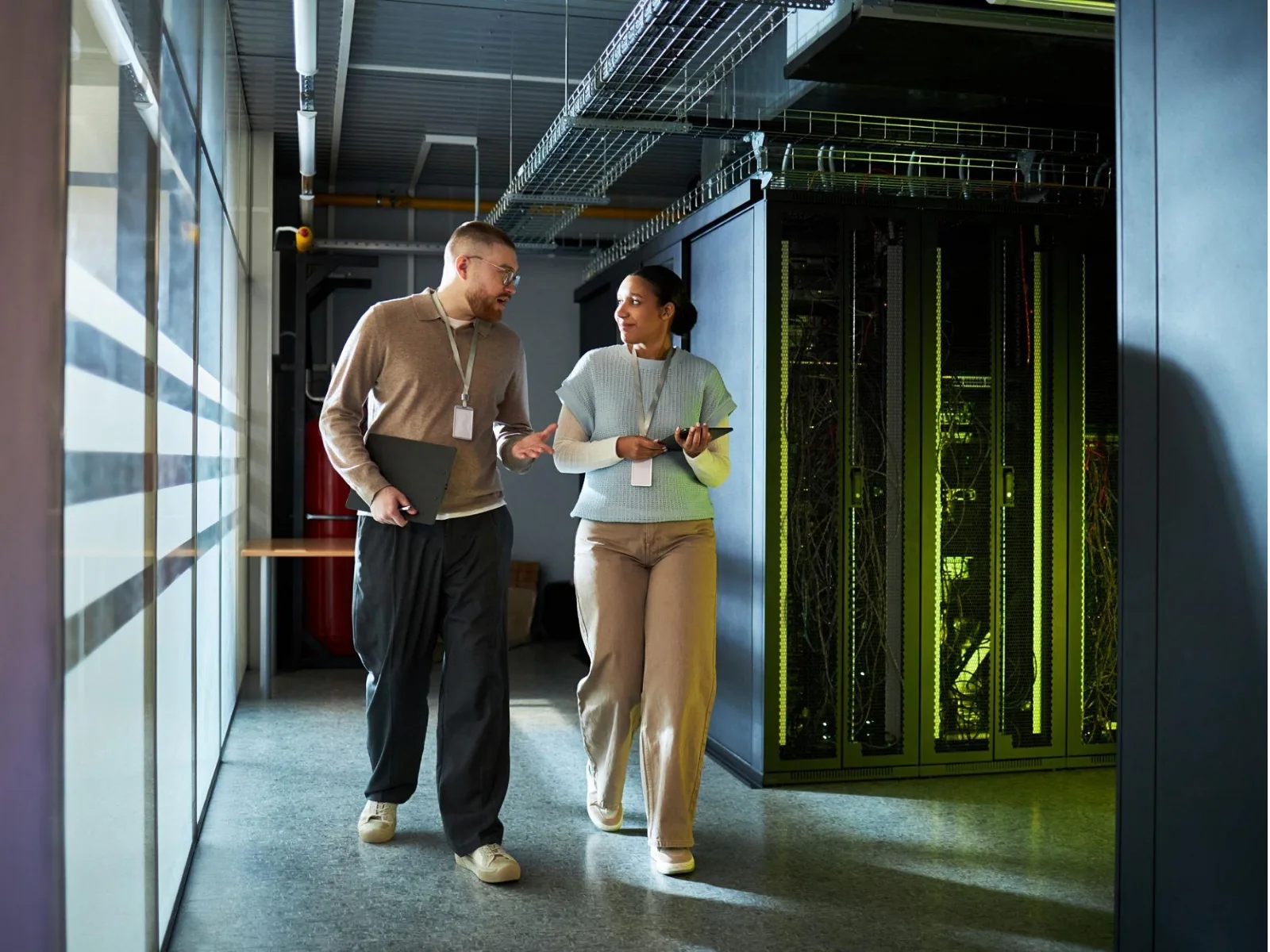 Professionals having a career conversation in a technical environment
