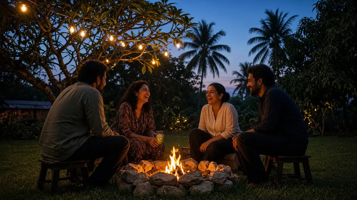 Friends talking around a stone firepit at dusk under string lights