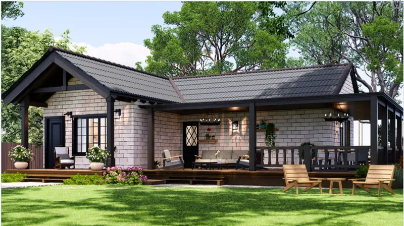 Render of a farmhouse with a timber deck, outdoor seating and a lawn