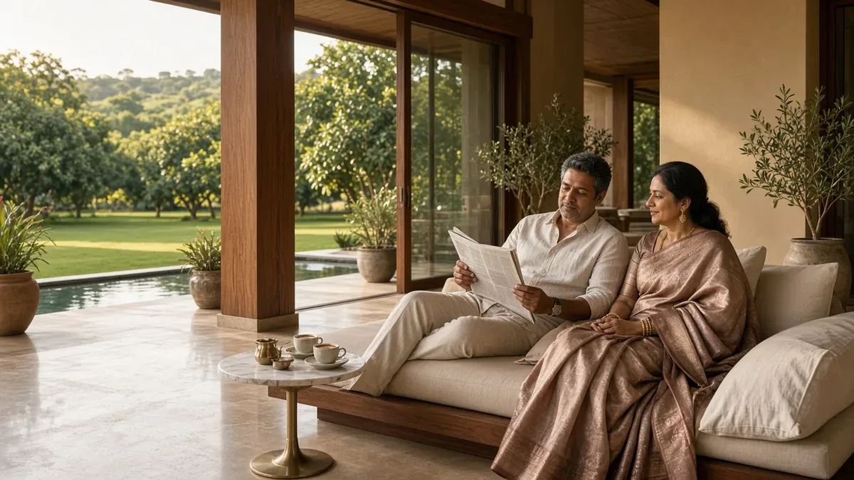 A couple with coffee on the veranda of an architect-designed farmhouse, orchard and pool beyond