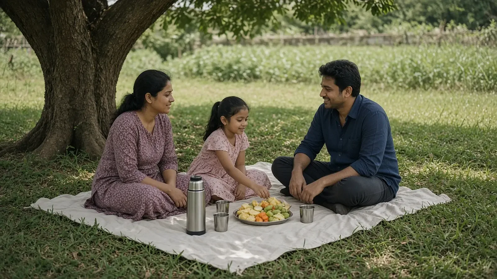 A family sharing a picnic on the grass under a tree