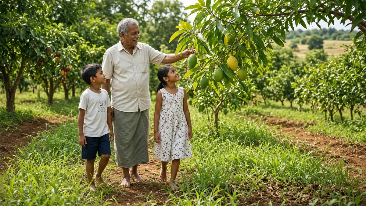 A grandfather showing two children the mangoes on a tree in an orchard