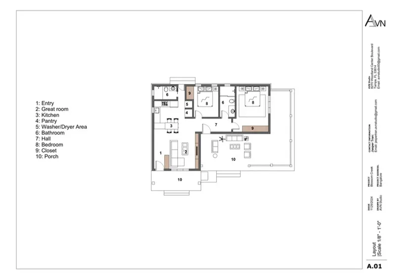 Floor plan of a farmhouse concept with entry, great room, kitchen, pantry, bedroom and porch