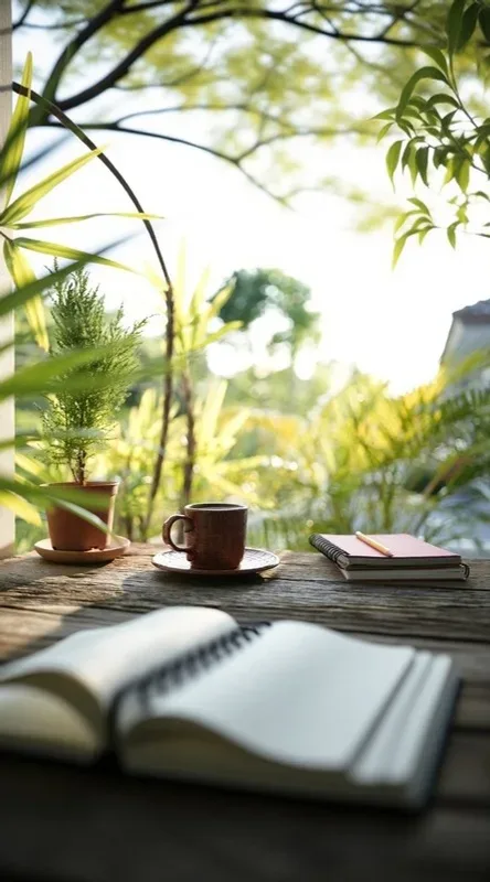A cup of coffee and an open notebook on a wooden table among plants