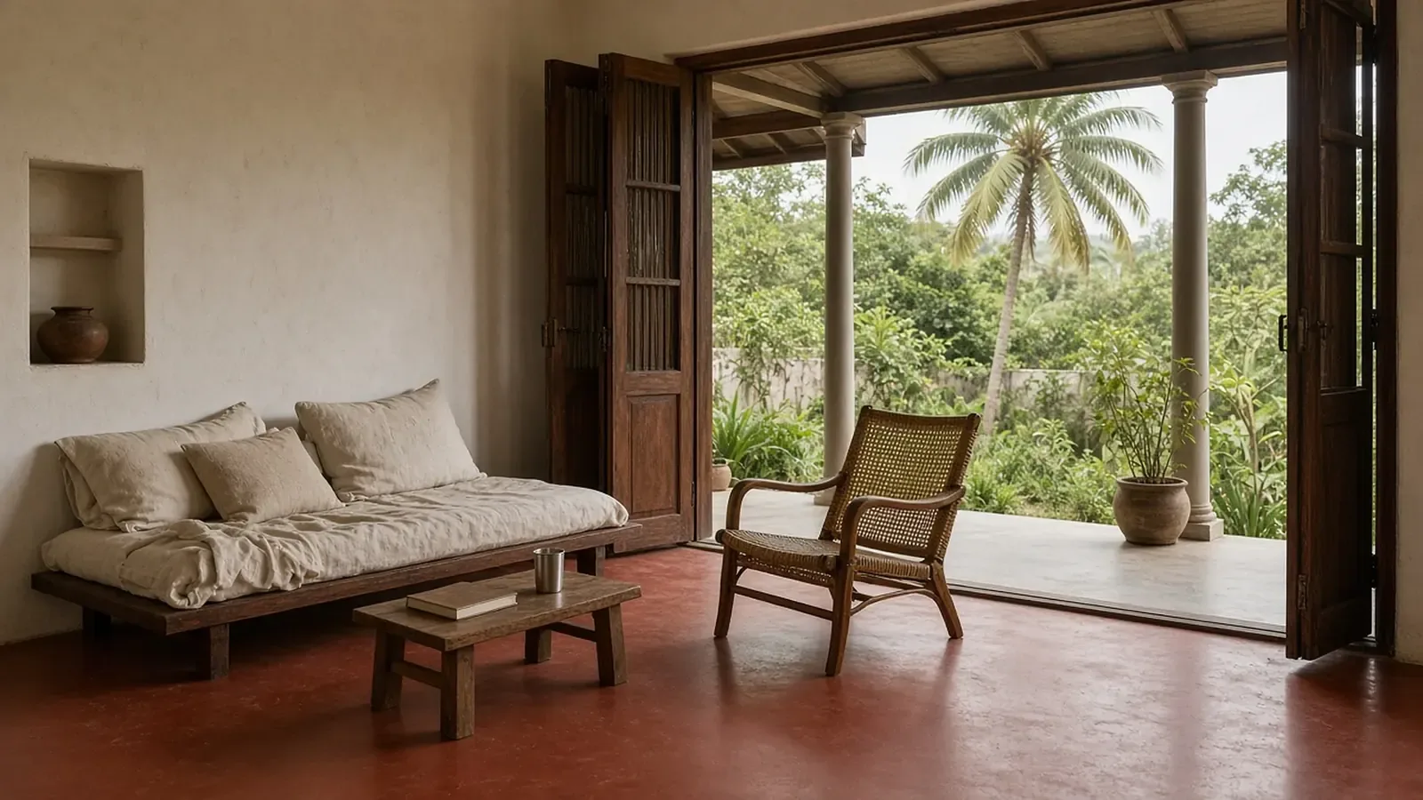 A sitting room opening onto a shaded veranda and garden