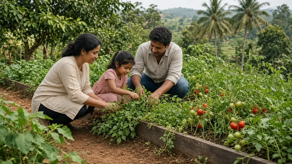 A family picking herbs and tomatoes together from raised beds in a kitchen garden