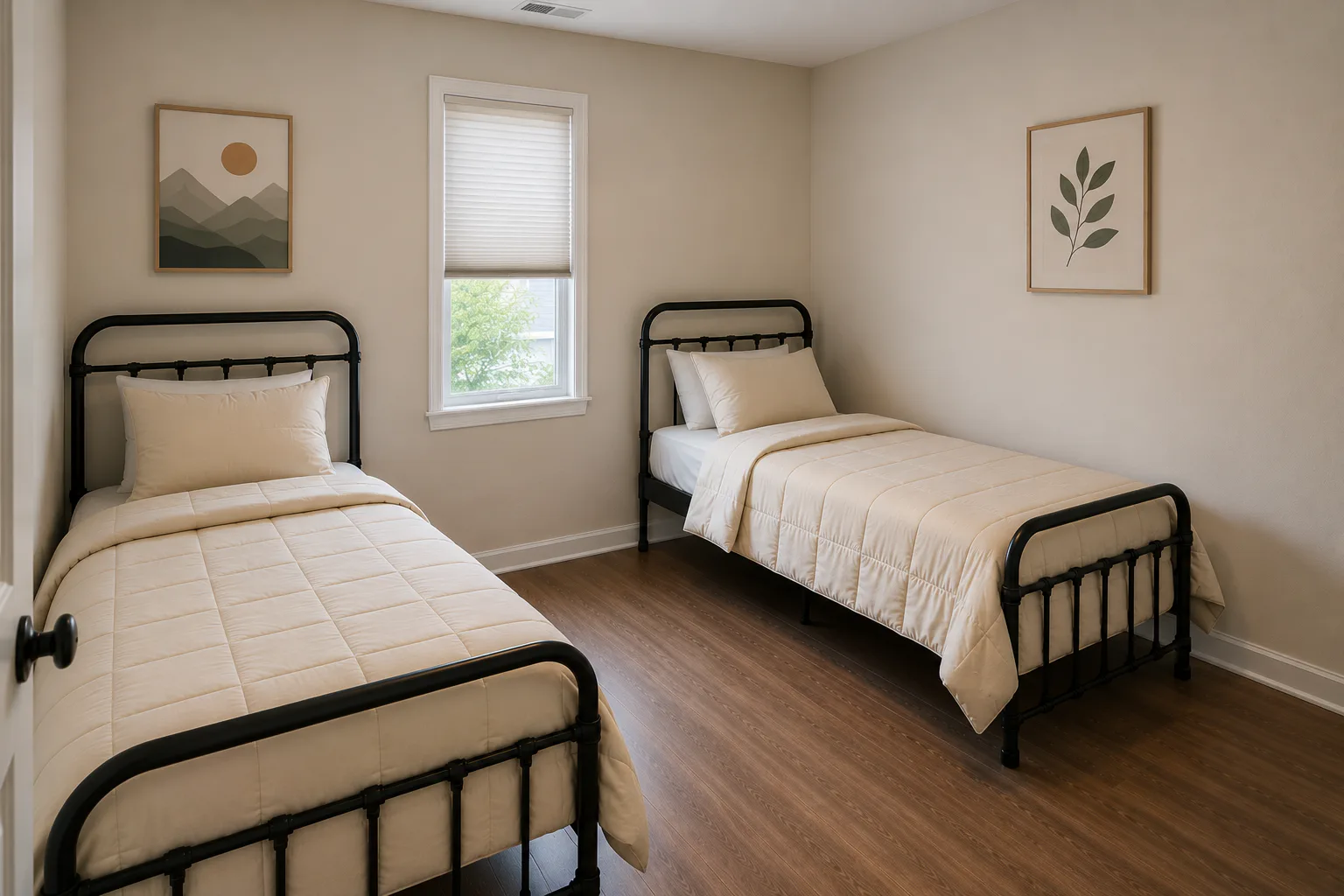 Clean bedroom in a suburban home with two matching green-comforter twin beds