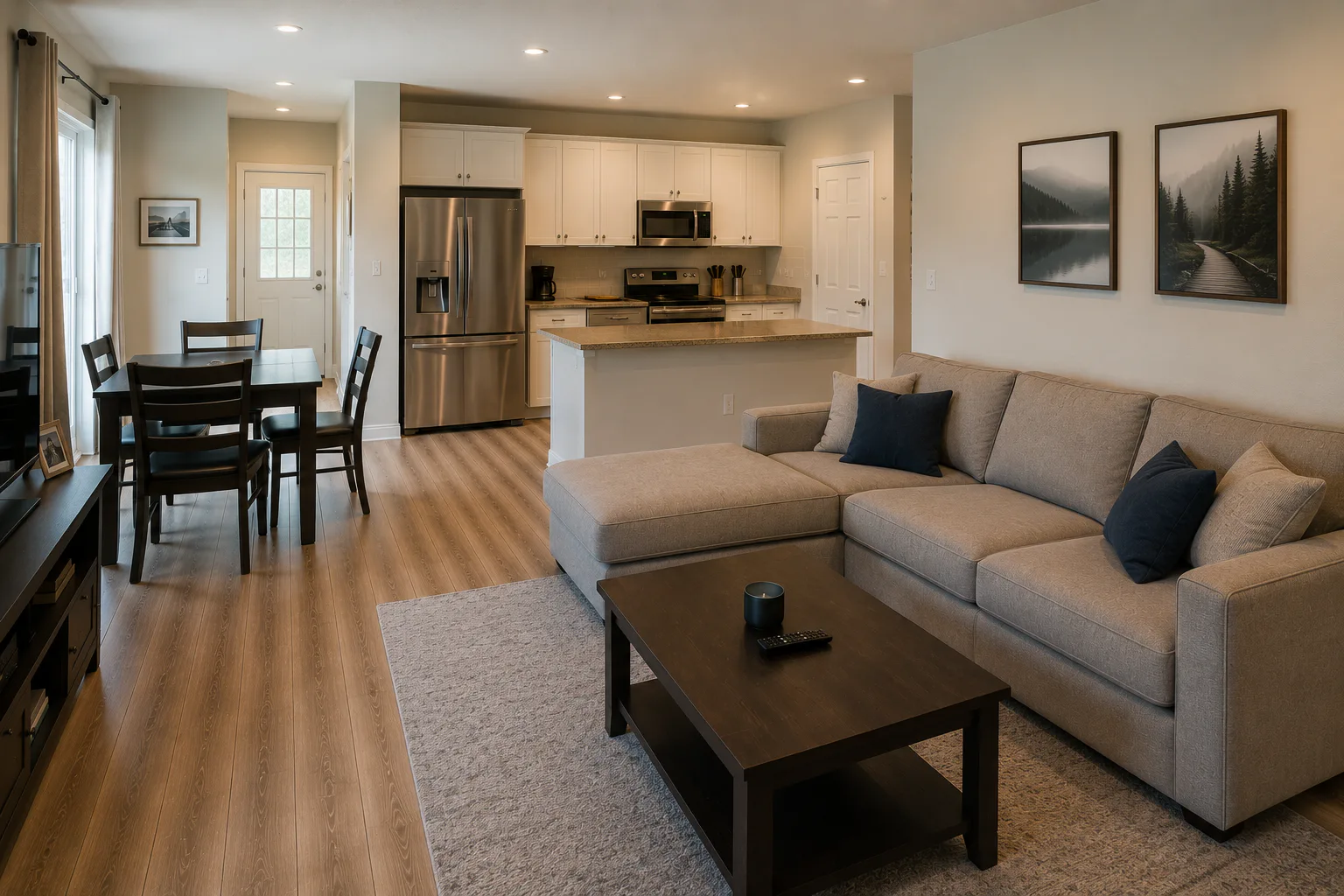 A clean, simple dining room space adjacent to the kitchen, representational of standard suburban family homes managed by Forward Commons