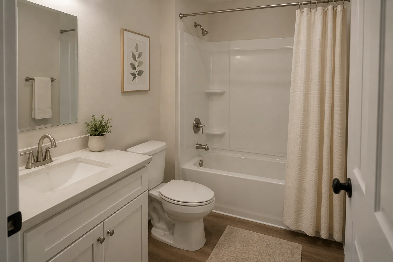 A modest full bathroom in a suburban home with standard tub shower and clean vanity