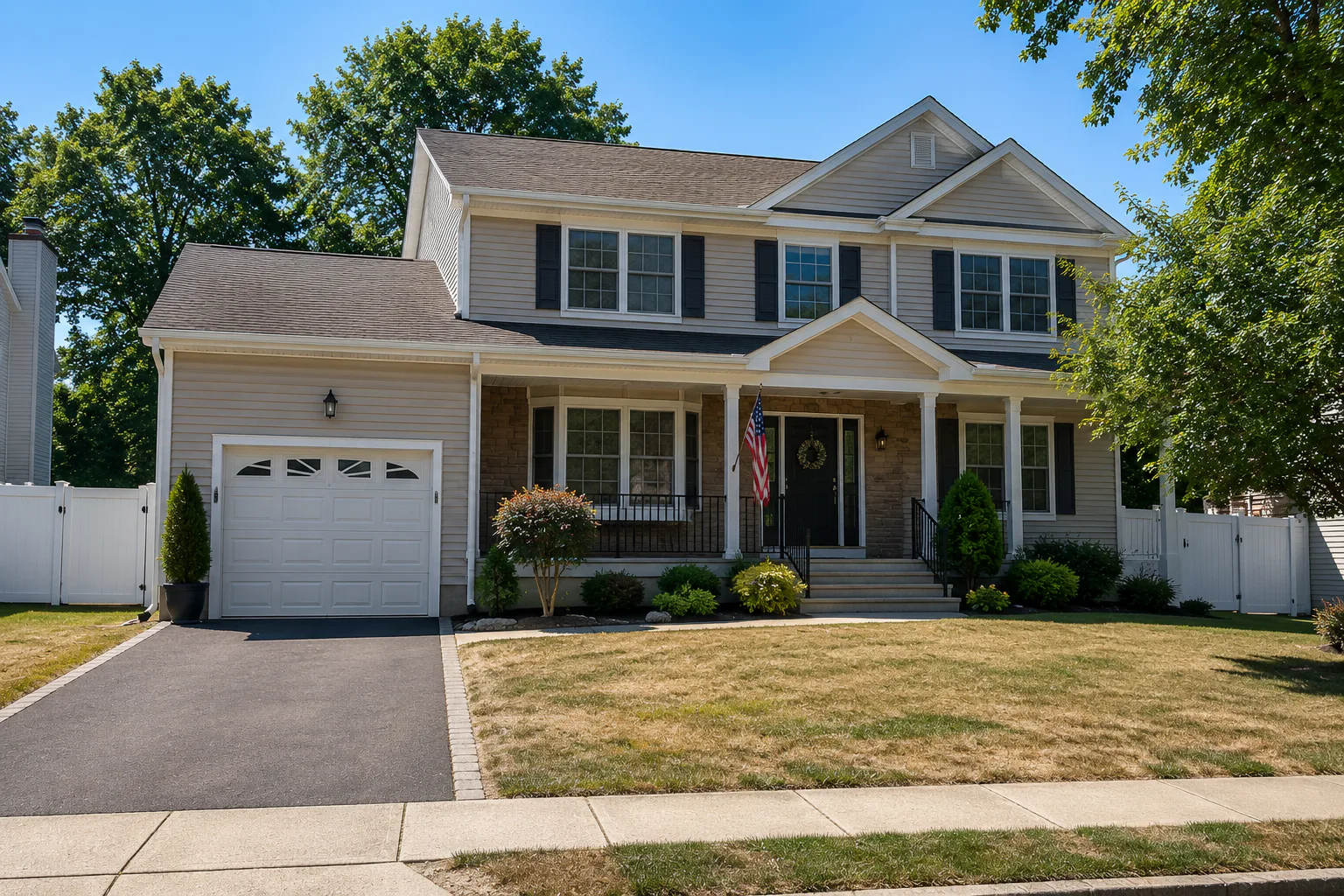 A classic, welcoming suburban Long Island split-level home with a beautiful green lawn and clean driveway